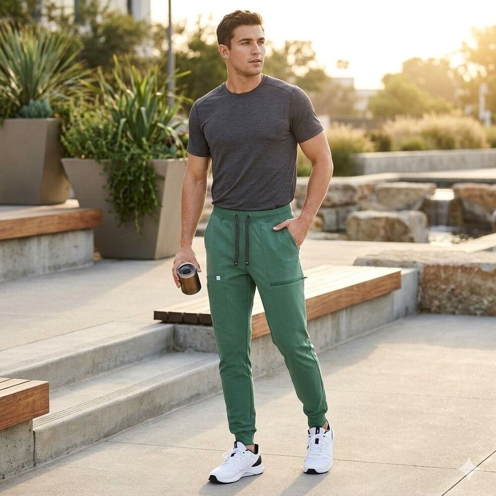 Fabletics All-Shift Scrub Jogger Pants Mens Small Green Cargo Medical Drawstring